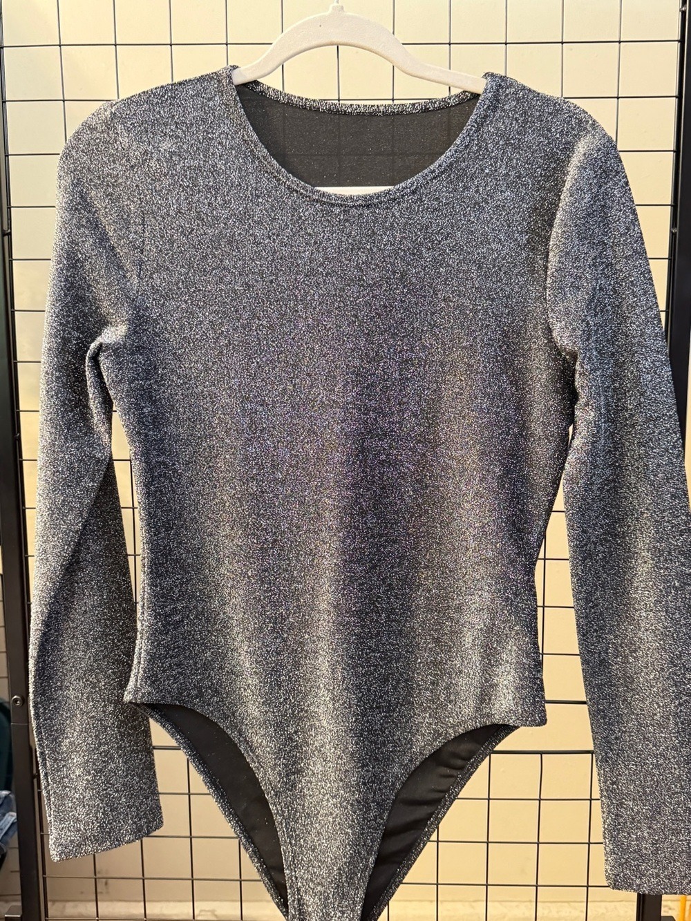 SHEIN Metallic Silver Crew Neck Long-Sleeve Bodysuit Sweater